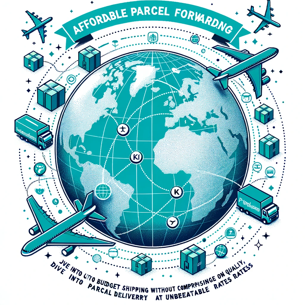 A globe in shades of blue with dotted shipping routes connecting the UK to various countries. Surrounding the globe are green parcels