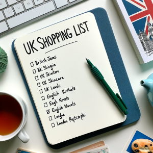 Photo of a desktop with a notebook opened to a page titled 'UK Shopping List'. Items like 'British jams', 'UK skincare', 'English novels', and 'London