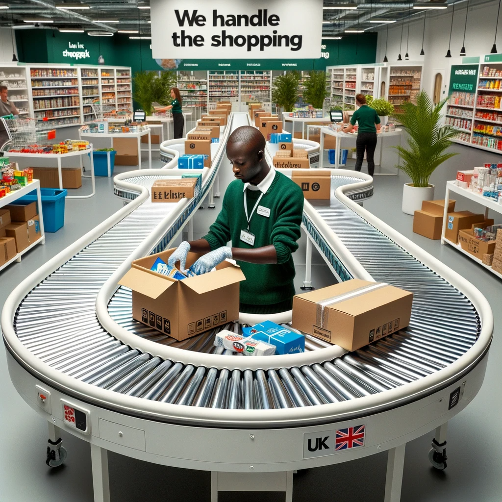 DALL·E 2023-10-23A shopping conveyor belt with various UK products moving towards a packing station. An employee of African descent is seen packing items into